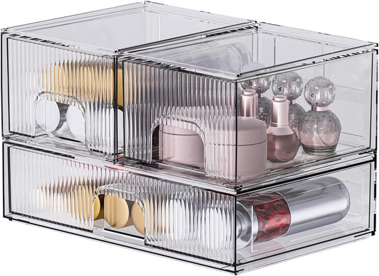 ZHIAI 3 Pack Clear Stackable Cosmetic Organizer with Acrylic Drawers for Cosmetics and Small Items for Dresser, Vanity, Kitchen Cabinet, Pantry, Home Organization and Storage