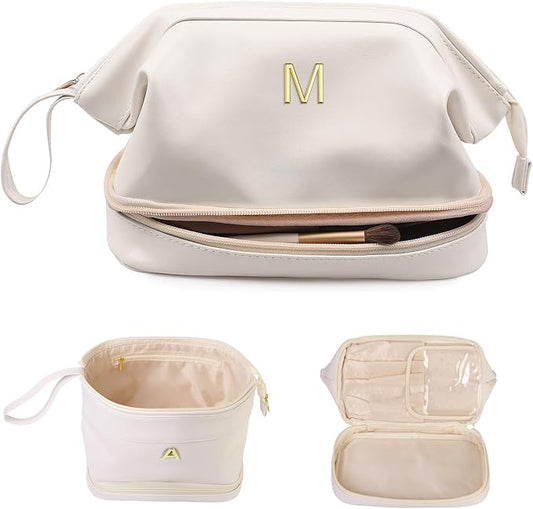 Stocking Stuffers for Women-Birthday Gifts-Teen Girl Gifts Trendy Stuff Initial Makeup Bag for Women, Double Layer Cosmetic Bag with Makeup Brush Organizer, Travel Toiletry Bag,Bride Gift