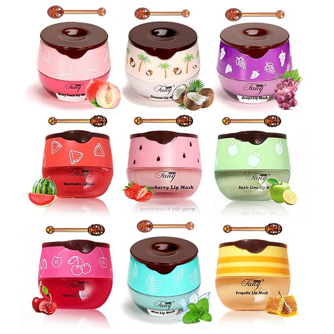 Fruit Lip Mask Set with Honey & Vitamin E, Moisturizing Overnight Treatment, Effective Reduces Lip Lines Prevention Dry and Cracked (9 Flavors)