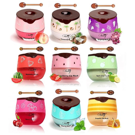 Fruit Lip Mask Set with Honey & Vitamin E, Moisturizing Overnight Treatment, Effective Reduces Lip Lines Prevention Dry and Cracked (9 Flavors)