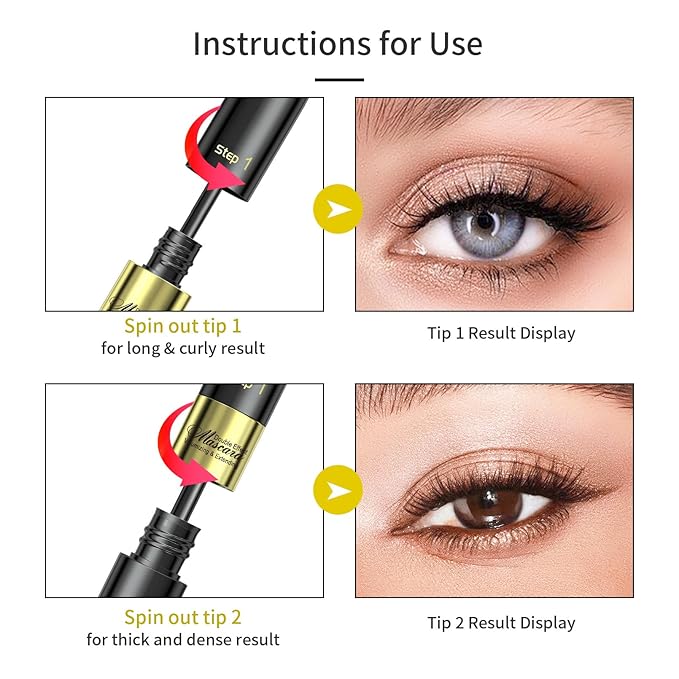 2pcs 2-in-1 4D Double Effect Fiber Mascara: Curling and Intensifying, Daily Waterproof, 5x Longer, Voluminous & Smudge-Proof, No Flaking and No Clumping, Black and Golden Tube Set