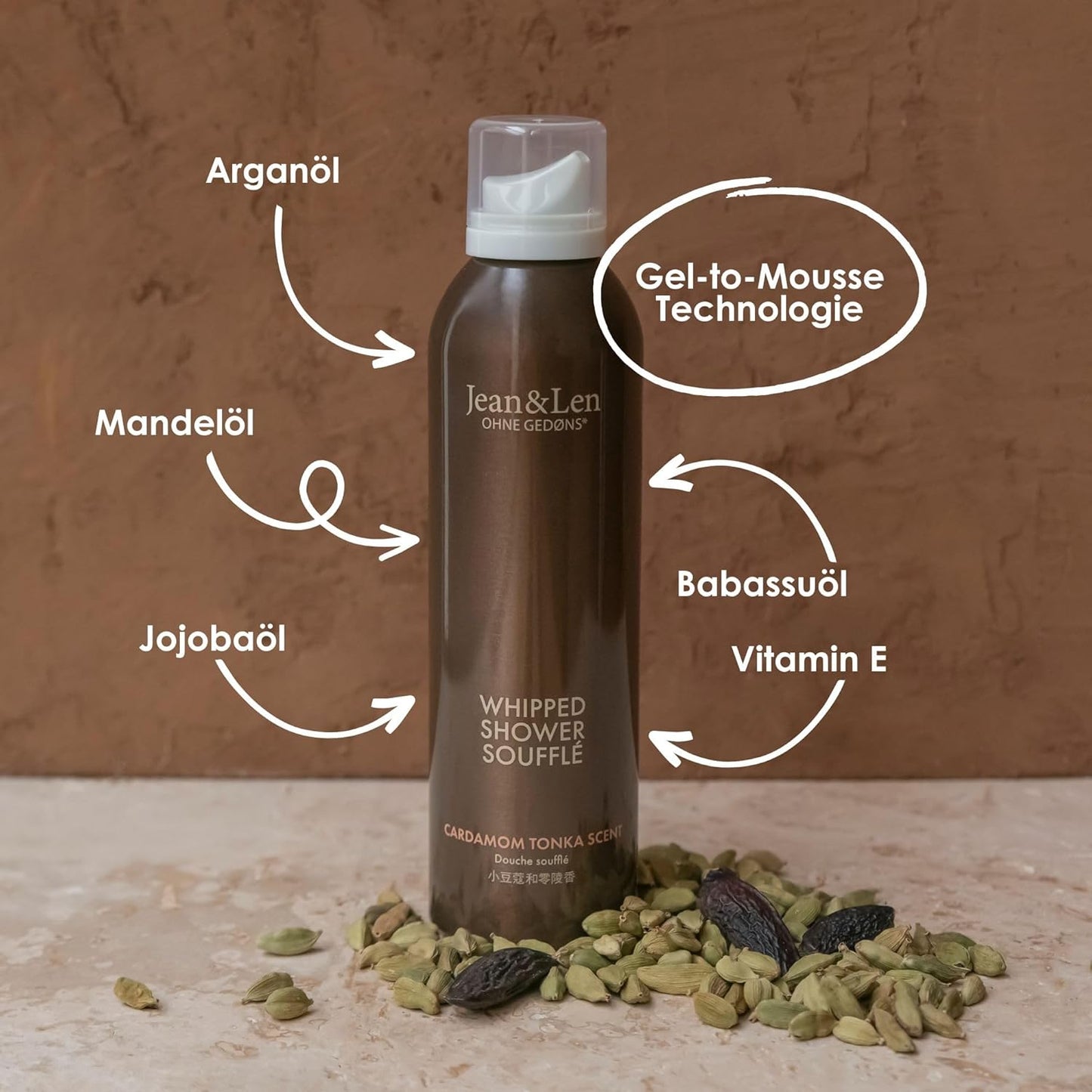 Jean & Len Shower Soufflé Cardamom & Tonka, almond, jojoba and babussa oil, for a fragrant cleansing experience, for normal to dry skin, shower foam, without parabens & silicones, vegan, 6.76 Fl. Oz.