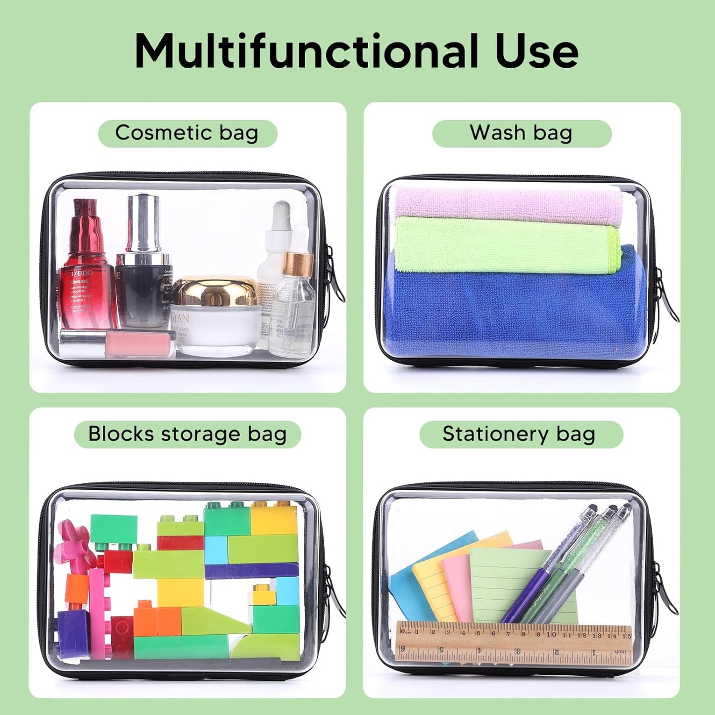 3Pcs Clear Zipper Pouch, PVC Plastic Cosmetic Travel Bag, Portable Travel Organizer Bins, Durable Makeup Bags for Storage, Pencil Case(Black-13.8+9.9+7.5inch)