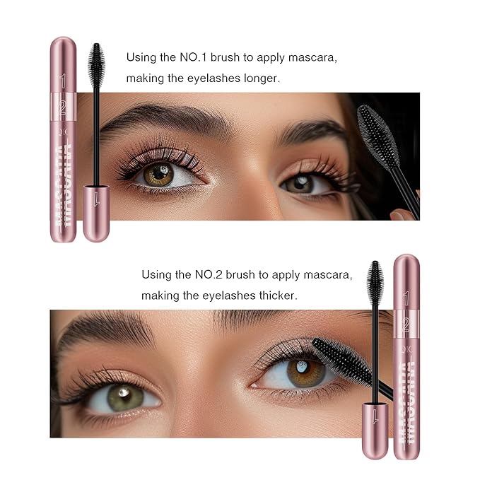 2Pcs 2 Step Lengthening & Volumizing Tubing Mascara, Smudge-Proof, Clump-Free, 2 in 1 Black Mascara For Natural Lengthening And Thickening Effect