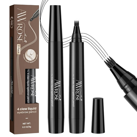 AWROSE Eyebrow Pencil, 2 Pack 3D Waterproof Microblading Eyebrow Pen 4 Fork Tip Tattoo Pencil, Precise Natural Magic Eye Brow Pen with Hair Like Strokes, 4 Points Multi-Used Eye Brow Pencils for Women