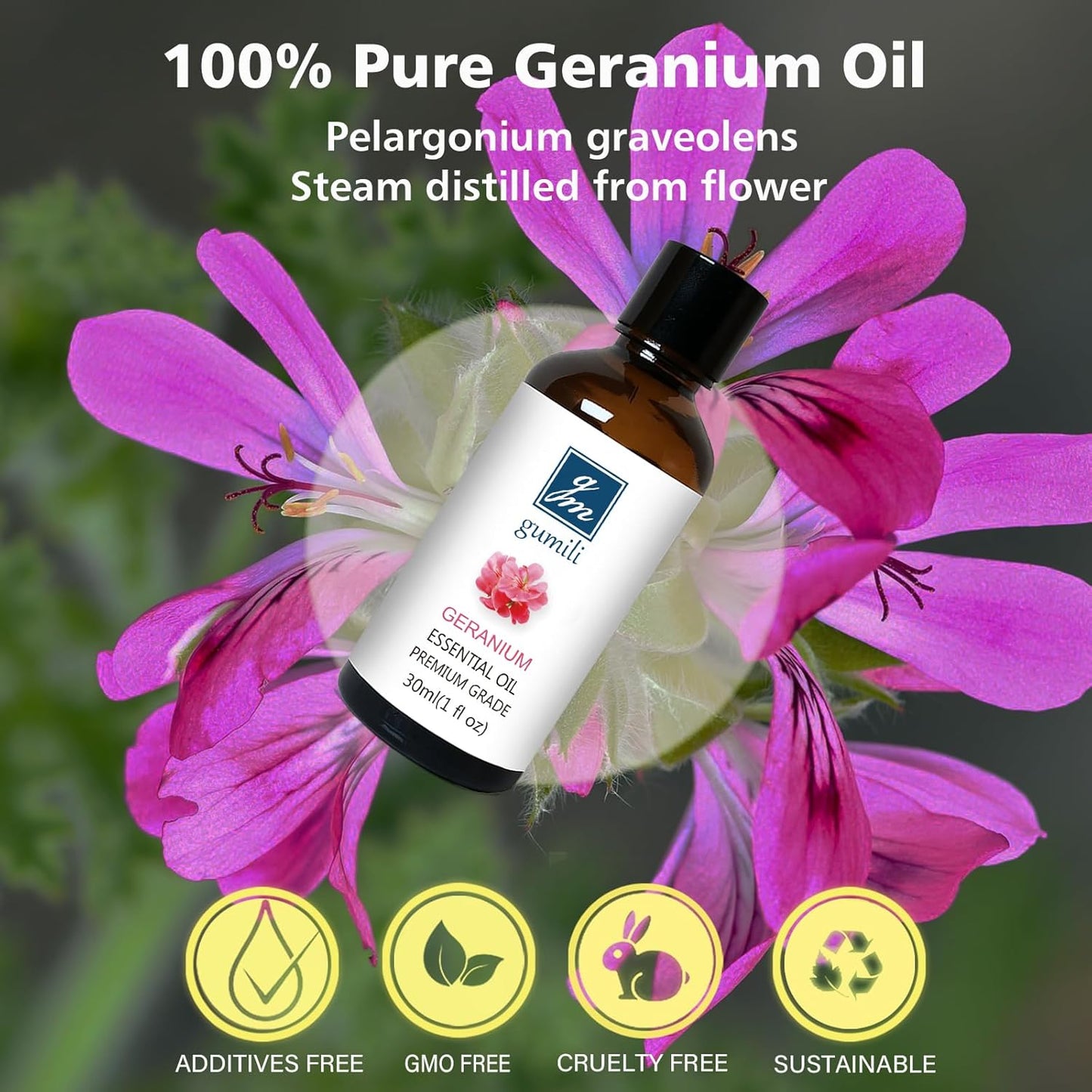 Geranium Essential Oil 1 Oz, 100% Pure Geranium Oil for Diffuser, Skin, Hair, Face, Soap & Candle Making, Aromatherapy & Massage