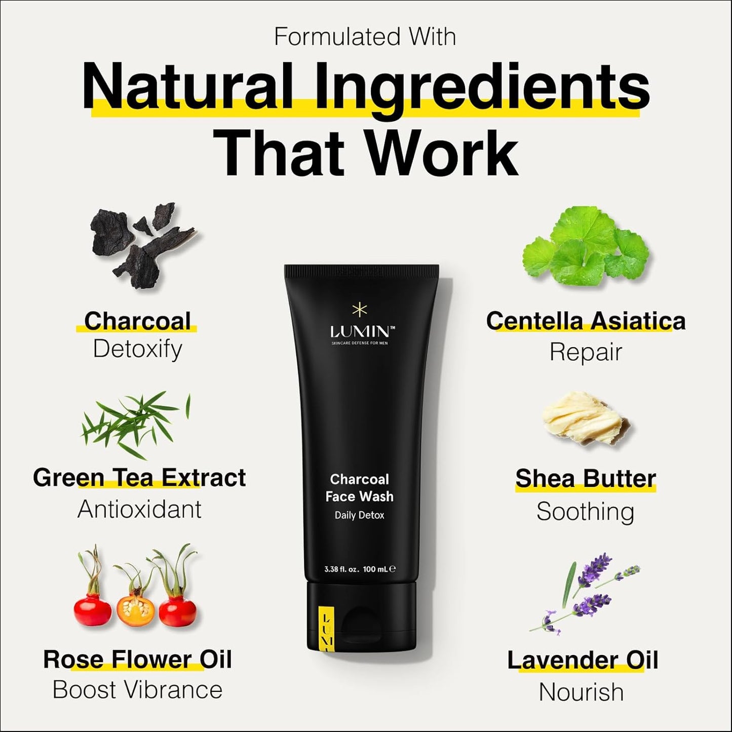 Lumin Charcoal Face Wash for Men Skincare - Daily Detox, Hydrating Face Cleanser, Removes Impurities, Exfoliates, Unclogs Pores, Controls Oil, Soothes Irritation, All Skin Types, 1 Pack