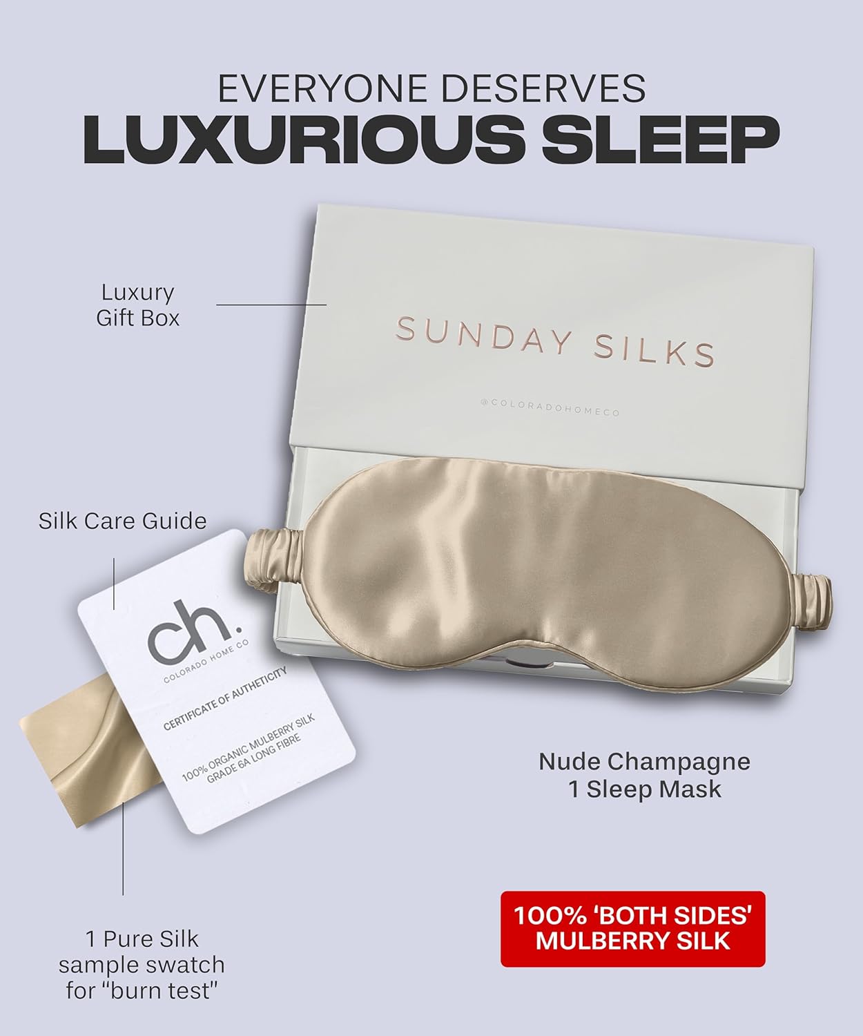 SUNDAYSILKS™ Exclusive Mulberry Silk Sleep Mask | Soft Eye Covers, Blackout Sleeping Mask for Women & Men | Silk Eye Mask for Sleep, Travel, and Relaxation | Antifaz para Dormir [Nude Champagne]
