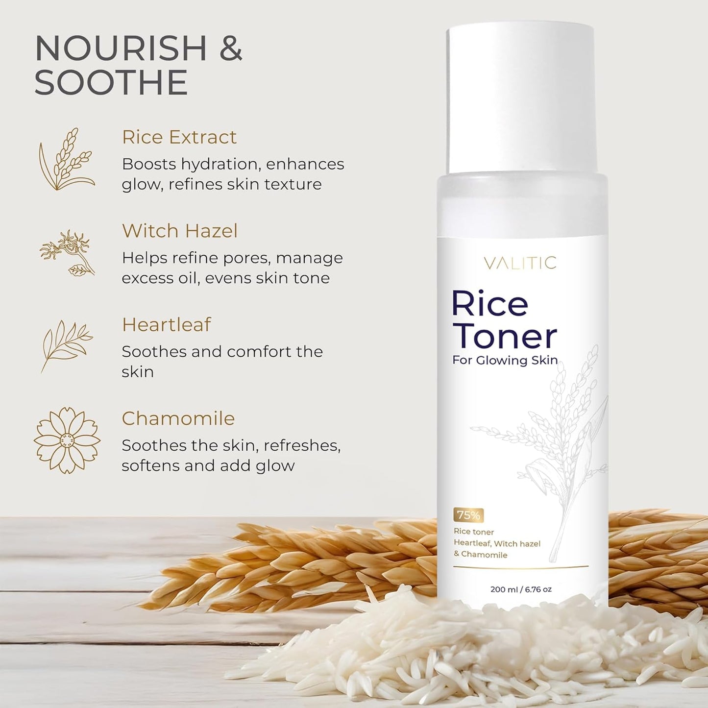 VALITIC Rice Toner - 75 Rice Extract Milky Toner for Face with Niacinamide, Heartleaf, Witch Hazel and Chamomile Essence - Facial Glass Skin Hydrating Skin Care - 200 ml, 6.76 fl oz