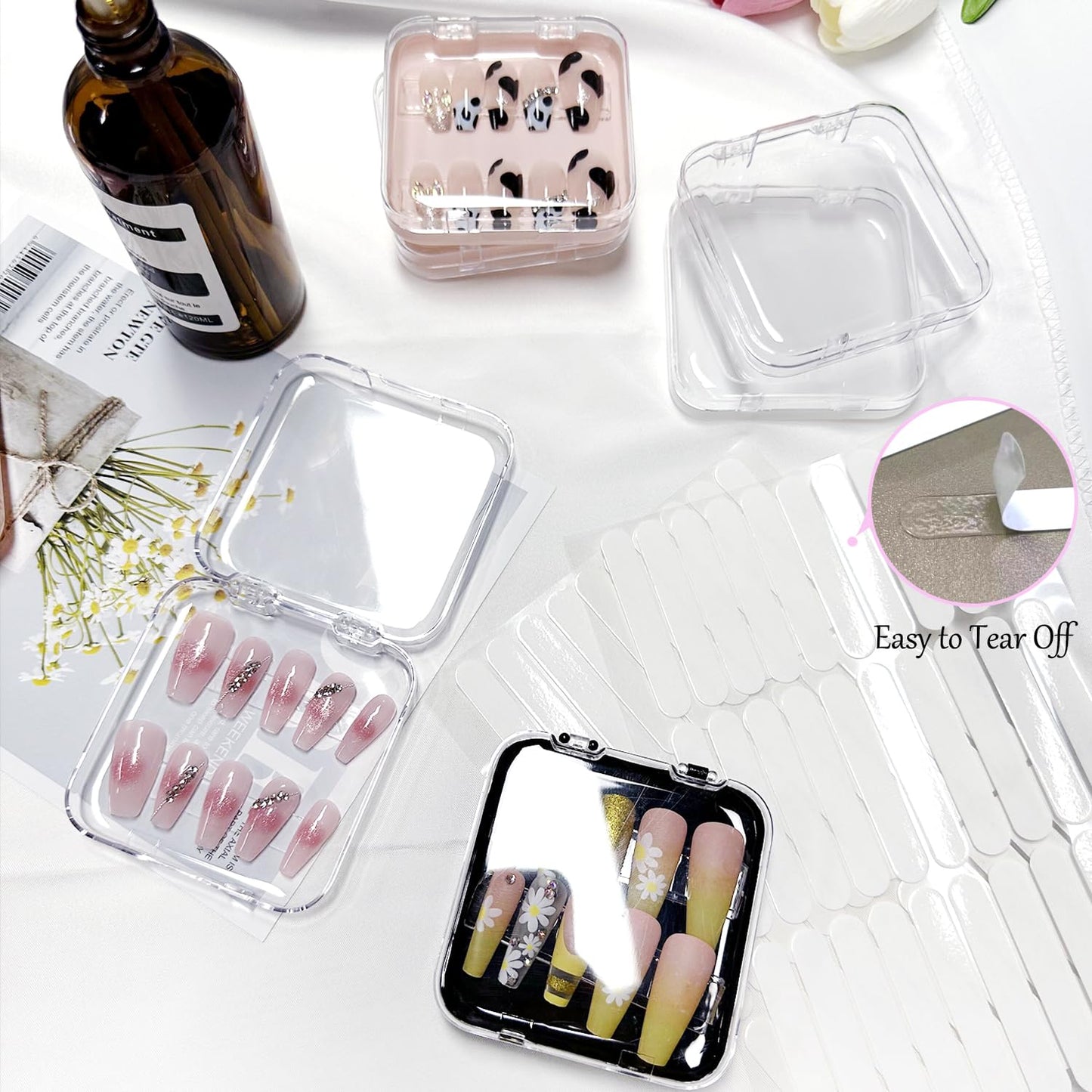 12 Piece Press On Nail Storage Box with 60 Pcs Double Sided Tape - Acrylic Fake Nail Display Box for Home Salon Use