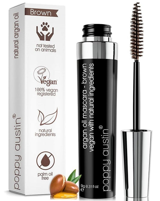 Poppy Austin Organic Mascara, Natural, Vegan, Paraben-Free, Cruelty-Free - Hypoallergenic Mascara Lengthening & Volumizing with Argan Oil - 0.31 Fl Oz (Brown)