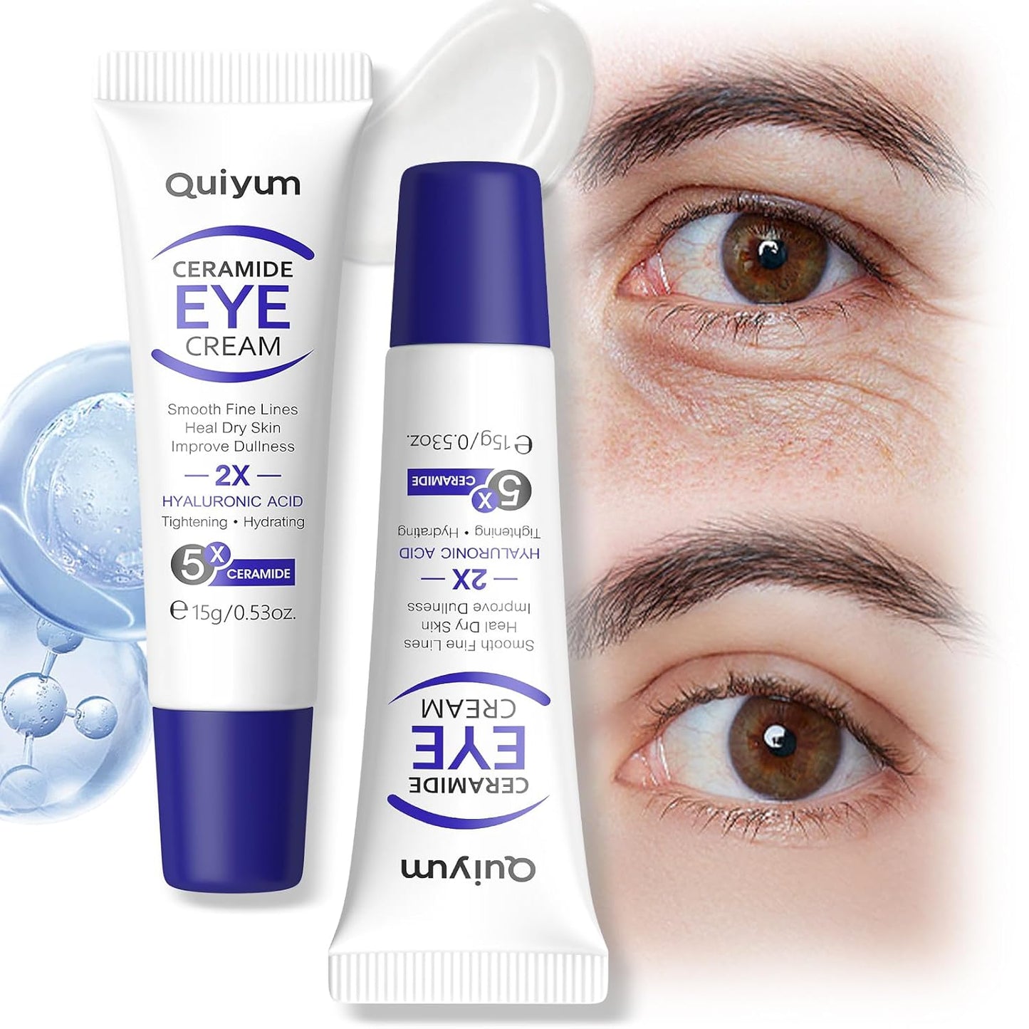 Ceramide Eye Cream, Under Eye Cream for Dark Circles & Puffiness, Reduce Wrinkles & Fine Lines, Tightens, Smoothes and Lift Eye Cream Treatment for Women, All Skin Types 0.53oz, 2 Pack