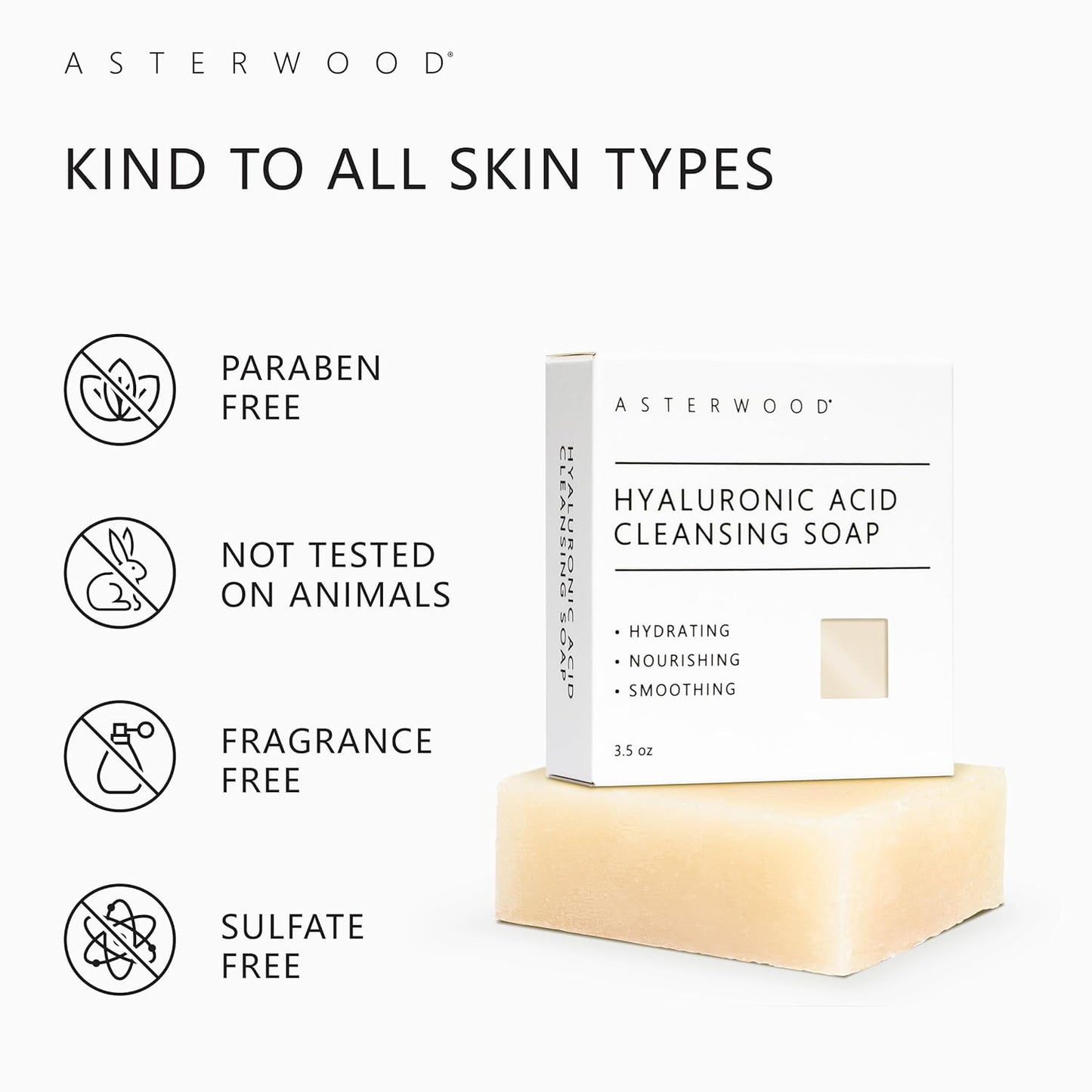 Asterwood Hyaluronic Acid Cleansing Face Soap - Collagen Boosting, Hydrating, Plumping, Soothing - Fragrance-Free - Suitable for Sensitive Skin - 3.5 Oz
