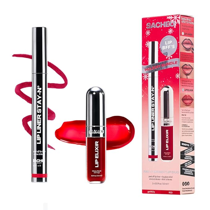 Sacheu Lip Liner STAY-N & Lip Elixir Bundle — Long Lasting Matte Lip Tattoo, Transfer Proof Lipstain Infused with Hyaluronic Acid & Vitamin E, for All Skin Types — RED-Y OR NOT
