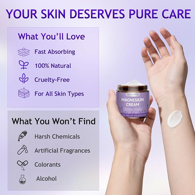 Natural Magnesium Cream for Sleep & Pain Relief – Soothing Magnesium Lotion for Leg Cramps, Muscle Relaxation & Calming – Deep Hydration Nighttime Magnesium Cream for Pain & Sleep Support 4.23 Fl Oz