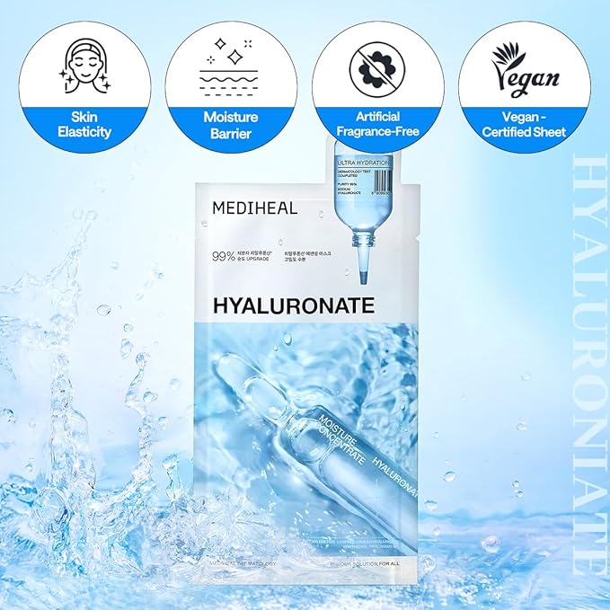 Mediheal Essential Mask (10pcs, Hyaluronate) 98% Pure Hyaluronic Acid for Long-lasting Hydration, Deep Skin Absorption & Moisture Barrier Vegan formula