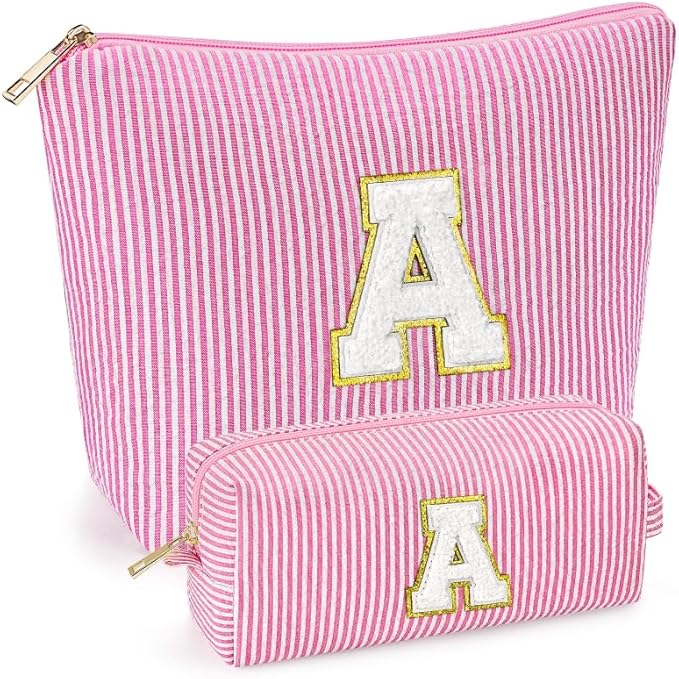 2 PCS Initial Makeup Bags for Women: Cosmetic Bag for Travel Toiletry - Birthday Gifts for 11 12 13 14 15 16 17 18 Years Old Girl Graduation Teacher Gift- Teen Girl Gifts Trendy Stuff - Pink A