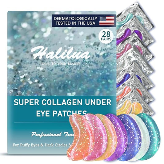 Under Eye Patches (28 Pairs), Eye Mask for Dark Circles, Puffy Eyes, Eye Bags, Wrinkles, 7 Colors Crystal Gel Gold Eye Mask Patches, Eye & Lip Treatment Skin Care Products