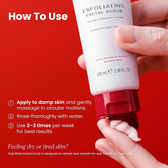 Koji White Exfoliating Facial Scrub, Gentle Face Wash with 1% Walnut Shell Powder, AHA, Kojic Acid Dipalmitate & Hyaluronic Acid | Hydrating, Vegan, 100ml (3.38 Fl Oz)