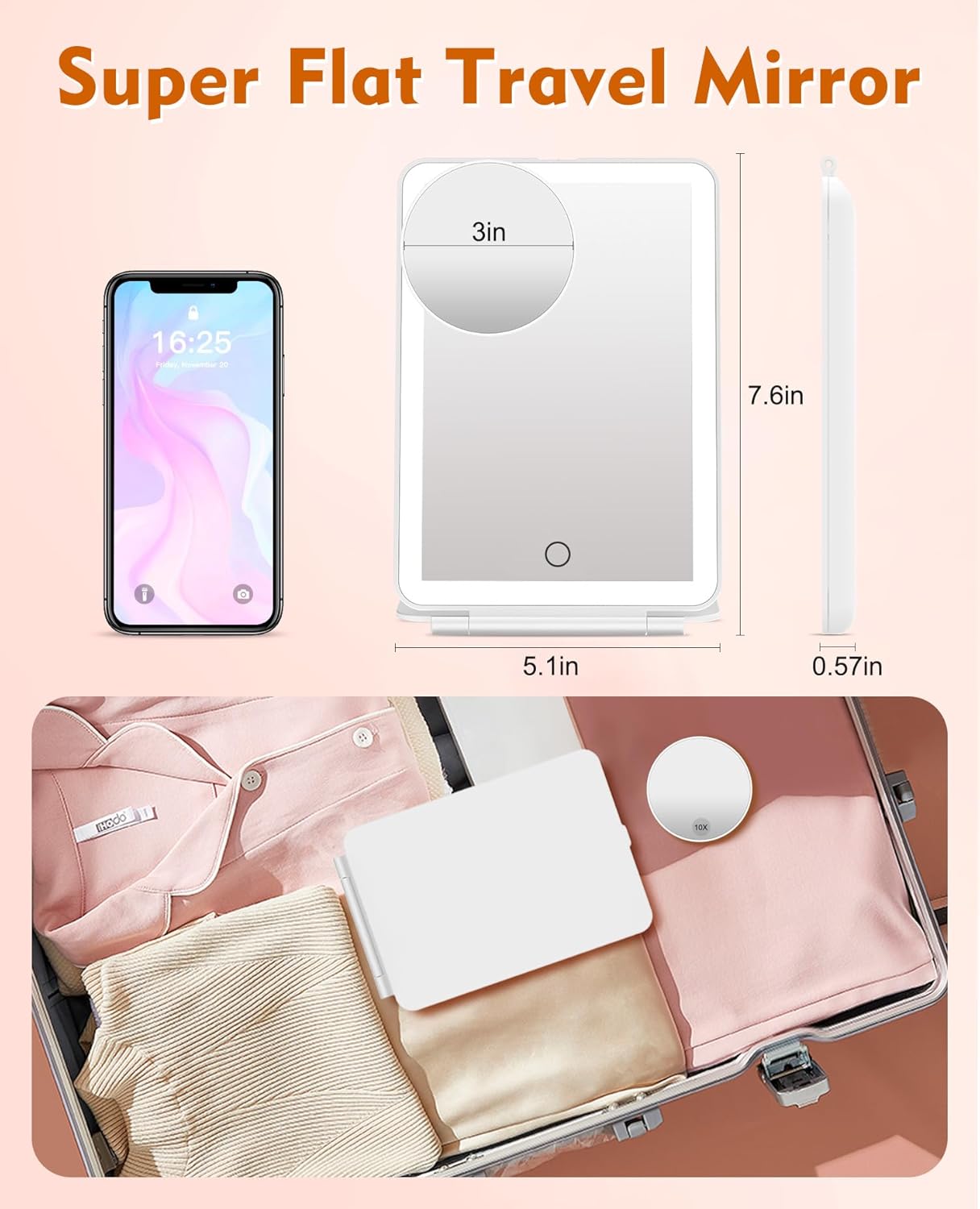 FUNTOUCH Rechargeable Travel Makeup Mirror with Lights and 10X Magnifying Mirrors, Portable Lighted Vanity Mirror with 80 Led,2000mAh Battery,3 Color Lighting,Touch Dimming,Tabletop Light up Mirror