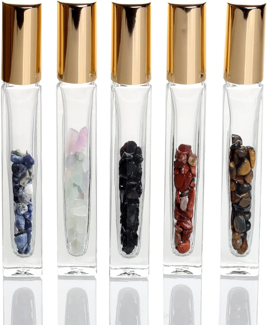 10ml Gemstone Roller Square Bottles Refillable Roll On Bottles Healing Crystal Chips Inside For Perfumes Aromatherapy Oils 5pack