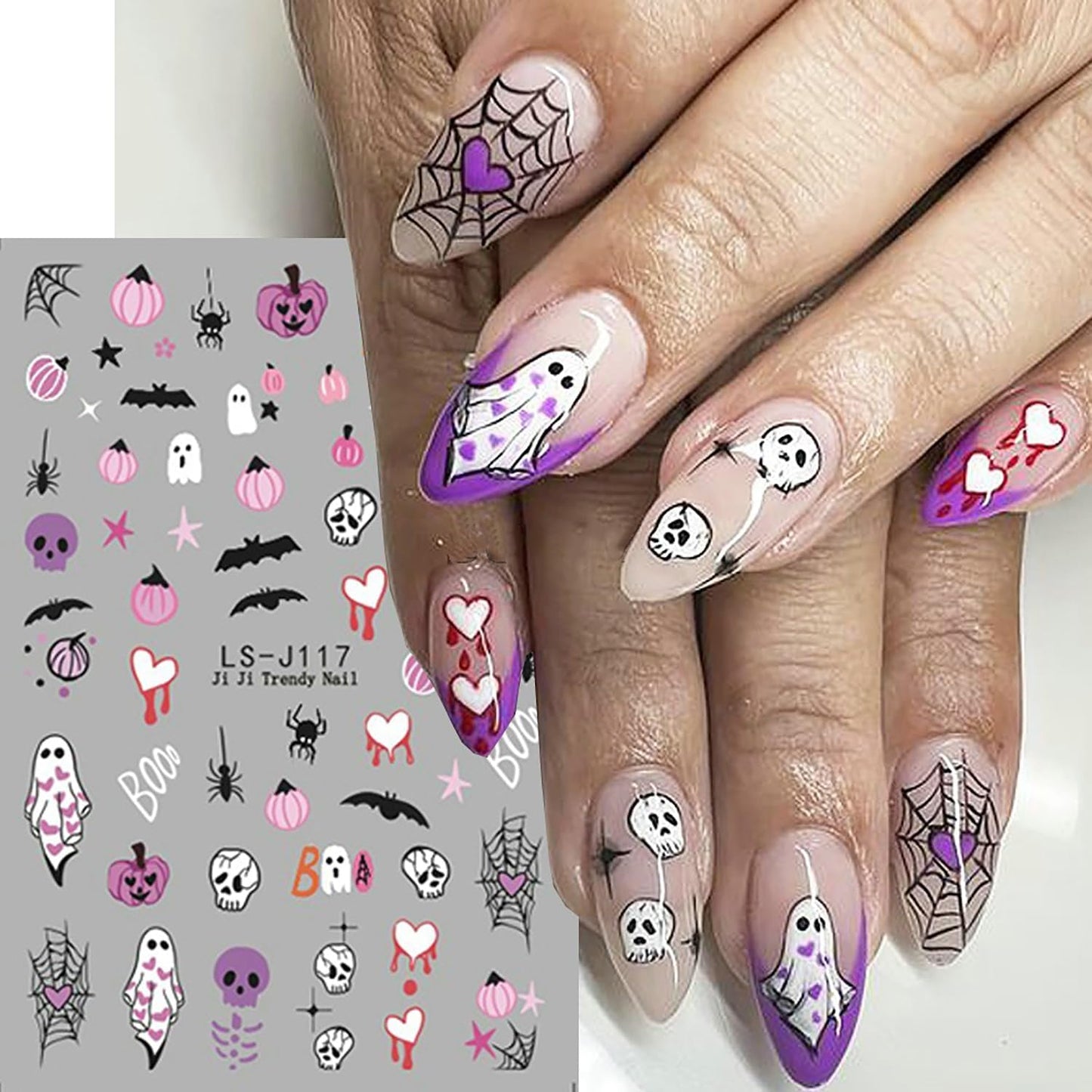 Halloween Nail Art Stickers 6 Sheets Cute Ghost Pumpkin 3D Self-Adhesive Nail Decals Bat Cat Skull Designs Nail Decorations Halloween DIY Manicure Supplies for Women Girls&Kids