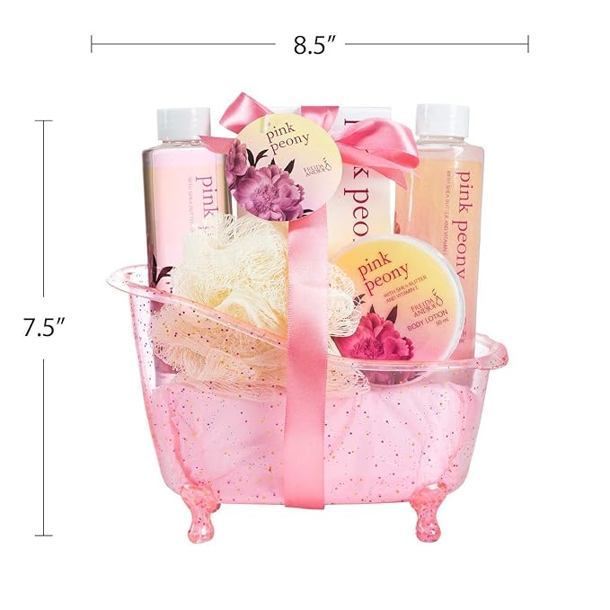Home Spa Gift Basket Peony Spa Set For Women, Contains Shower Gel, Bubble Bath, Body Lotion, Peony Bath Salt & Puff in a Pink Feminine Tub