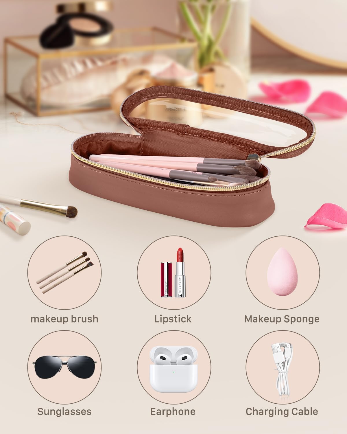 Clear Travel Makeup Brush Holder, Leather Makeup Brush Toiletry Bag, Portable Cosmetic Brush Case, Transparent Waterproof Makeup Brush Storage Bag, Brown