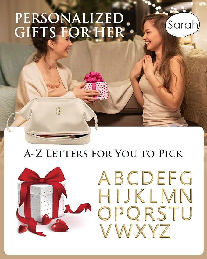 Gifts for Friends Female Mom, Initial Makeup Bag, Personalized Double Layer Cosmetic Bag with Makeup Brush Organizer, Waterproof, Large Capacity PU Leather Travel Toiletry Bag, Gift for Wife