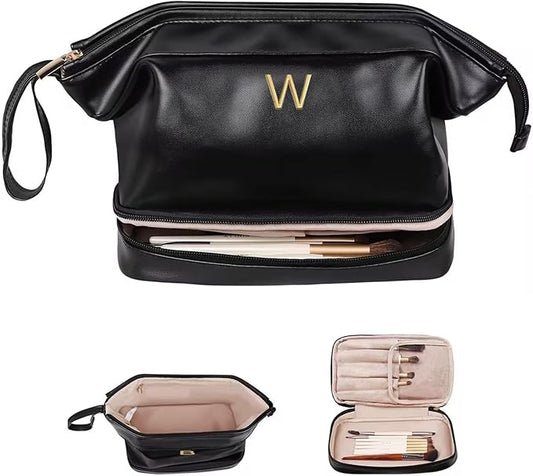 Personalized Graduation Gifts, Initial Large Makeup Bag, Personalized Double Layer Cosmetic Bag with Makeup Brush Organizer, Waterproof, Large Capacity PU Leather Toiletry Bag, Friend gifts