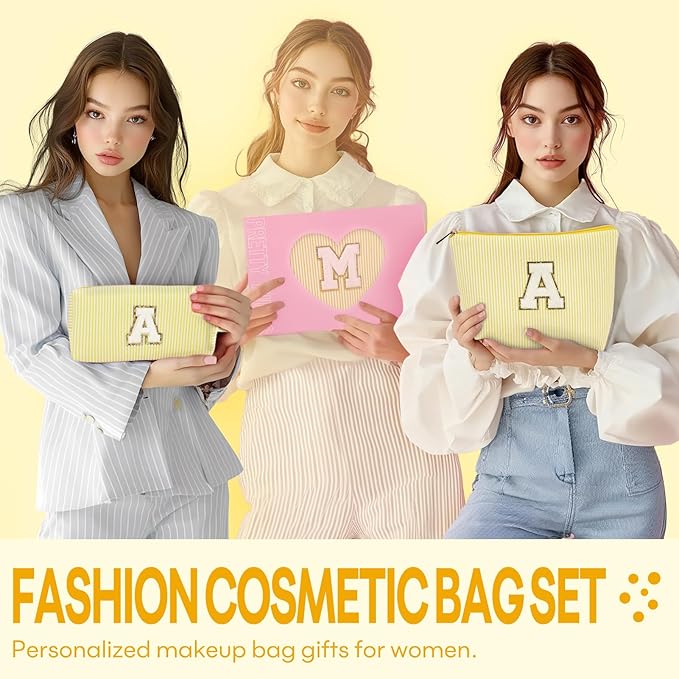 2 PCS Initial Makeup Bags for Women: Cosmetic Bag for Travel Toiletry - Birthday Gifts for 11 12 13 14 15 16 17 18 Years Old Girl Graduation Teacher Gift- Teen Girl Gifts Trendy Stuff - Yellow K