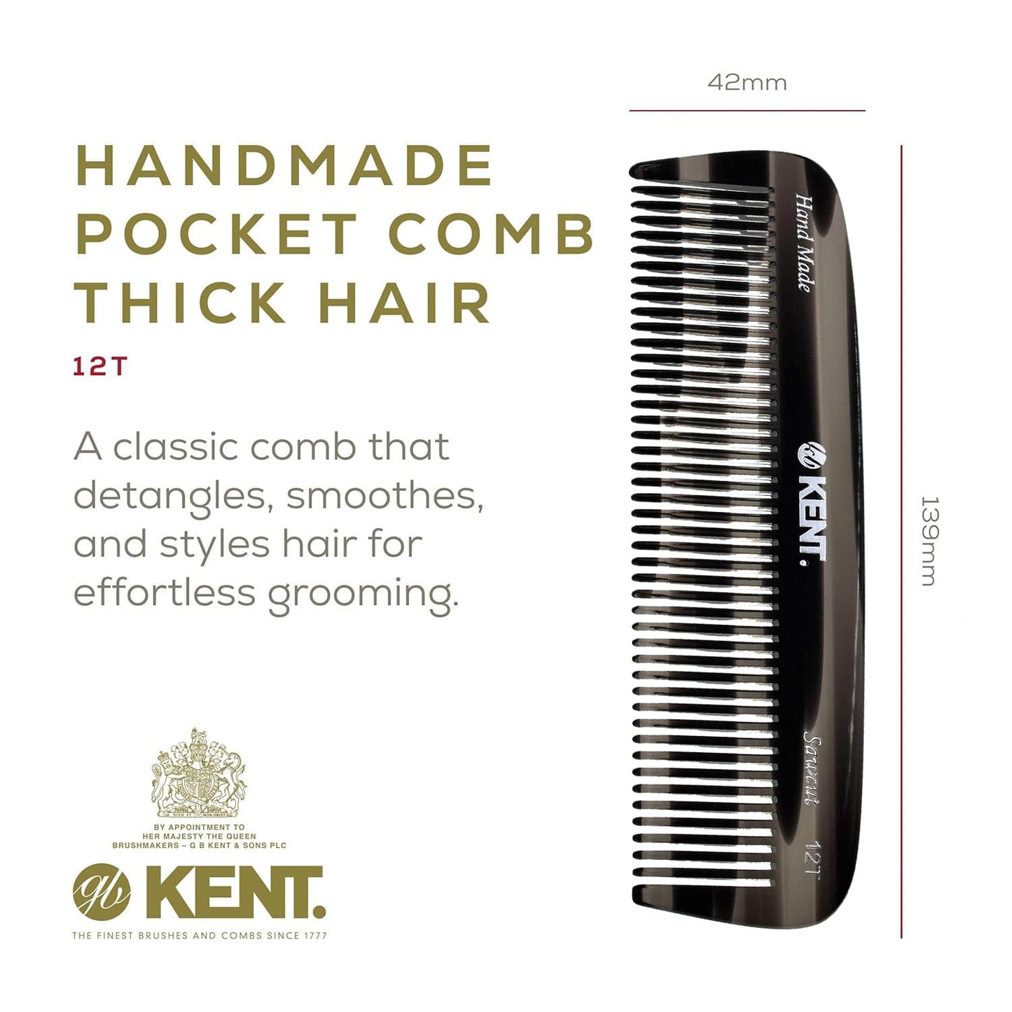 Kent 12T G Wide Tooth Detangling Comb - Handmade Pocket Comb for Thick, Curly, Wavy Hair - Large Tooth Hair and Beard Grooming Comb - Saw-Cut and Hand Polished