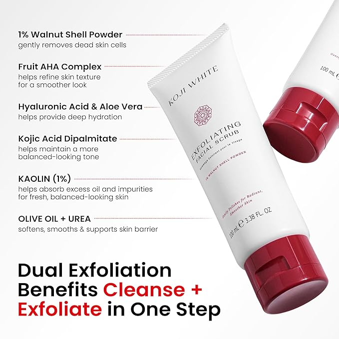Koji White Exfoliating Facial Scrub, Gentle Face Wash with 1% Walnut Shell Powder, AHA, Kojic Acid Dipalmitate & Hyaluronic Acid | Hydrating, Vegan, 100ml (3.38 Fl Oz)