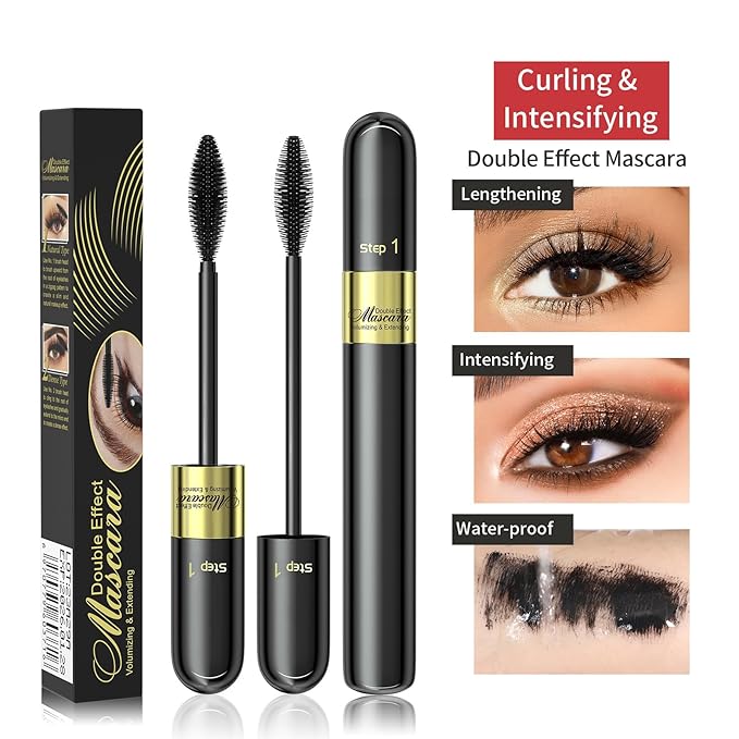 2pcs 2-in-1 4D Double Effect Fiber Mascara: Curling and Intensifying, Daily Waterproof, 5x Longer, Voluminous & Smudge-Proof, No Flaking and No Clumping, Black and Golden Tube Set