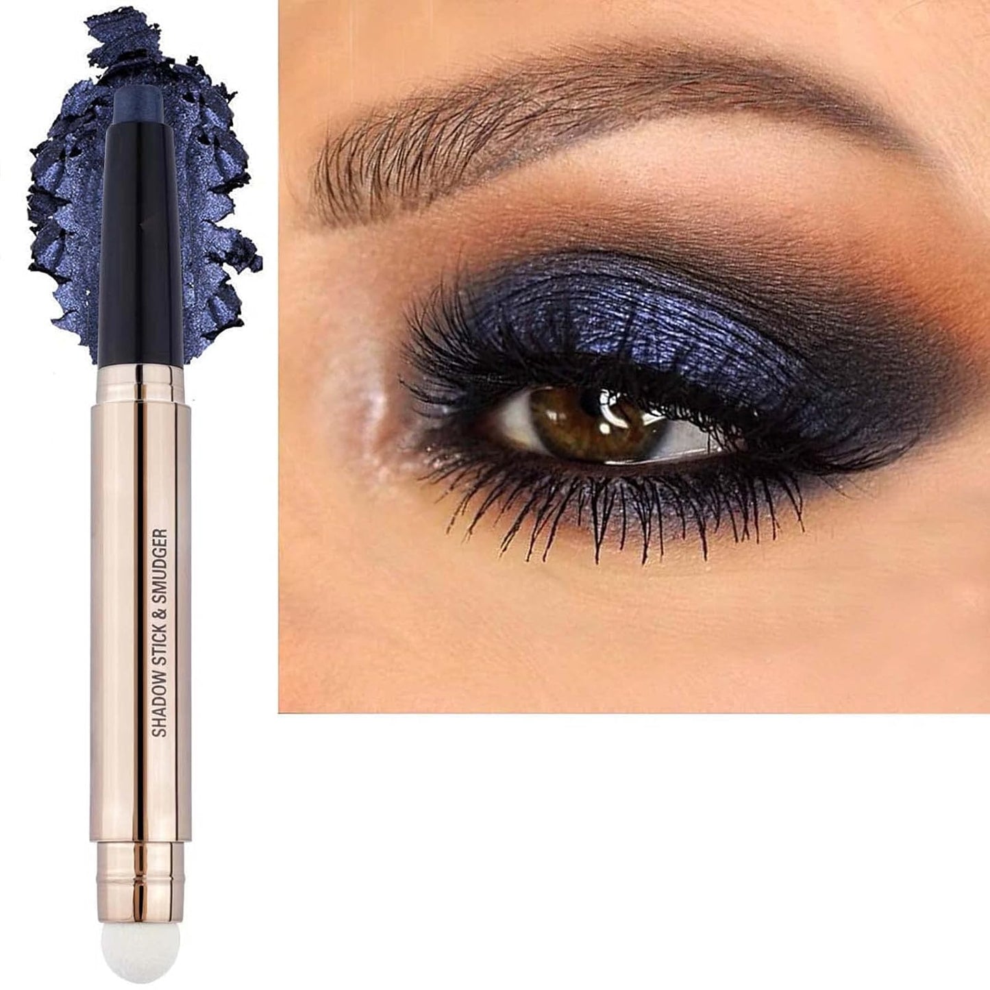 Blue Black Eyeshadow stick and Sponge Makeup Brush, Smooth Cream Shimmer Shadow Pencil Long Lasting Waterproof Eye Shadow Highlighter Stick Makeup , Hypoallergenic Eyeshadow, Highlighter Eye Liner