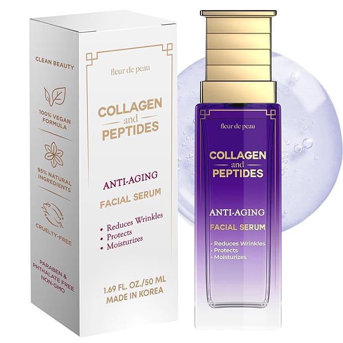 Fleur De Peau Collagen & Peptides Serum For Face - Dermatologist Tested, Anti-Aging, Ultra Hydrating, Plumping & Firming, for Fine Lines & Wrinkles - Clean Beauty, Vegan Korean Skin Care - 1.69 FL. Oz