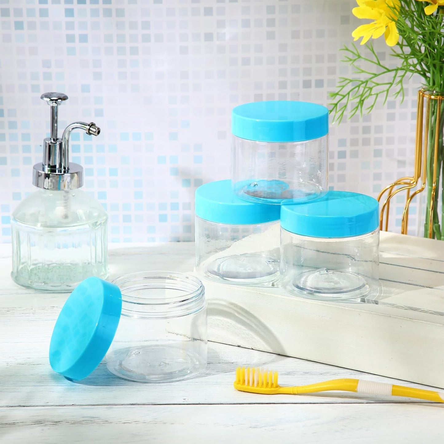 Patelai 4 Pieces Round Wide-mouth Leak Proof Plastic Container Jars with Lids for Travel Storage Makeup Beauty Products Face Creams Oils Salves Ointments DIY Making(6 Ounce,Blue)