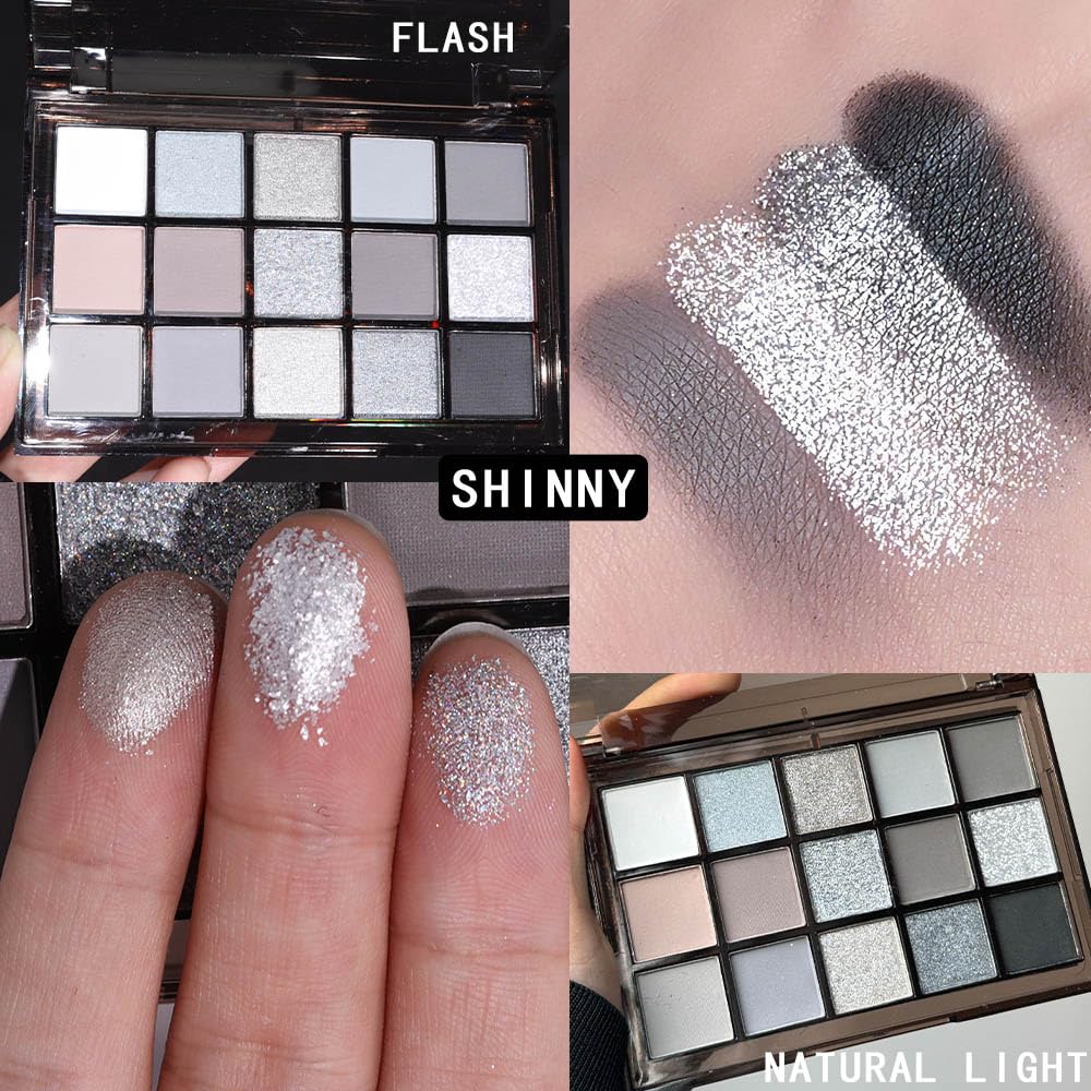 15 Colors Black Gray Silver Matte Shimmer Eyeshadow Palette for Eye Makeup,High Pigmented Brown White Eye Shadow Primers Powder Palet de sombras de ojos