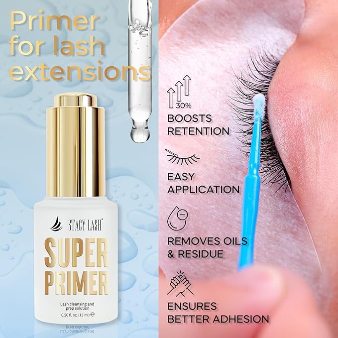Stacy Lash Primer for Lash Extensions | Super Primer/Cleanser 15ml | Eyelash Extension Primer | Protein Oil Remover | Increase Adhesive Bonding Power Retention | Professional Lash Supplies