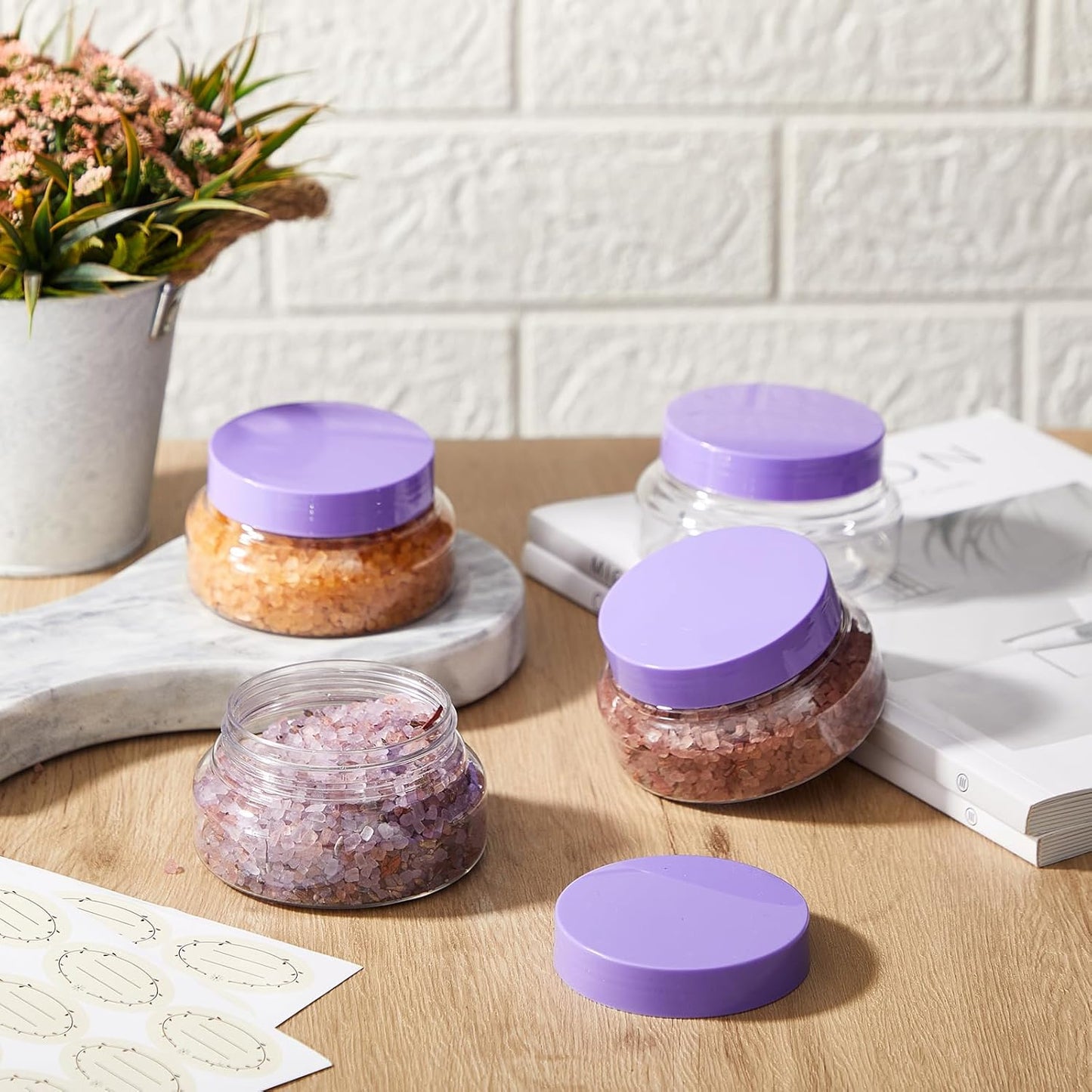 Tessco 24 Pack Plastic Jars with Lids Labels Empty Clear Plastic Jars Round Refillable Cosmetic Containers Body Butter Containers Bulk Sugar Scrub Bottle for Make Up(5 oz,Clear, Purple)