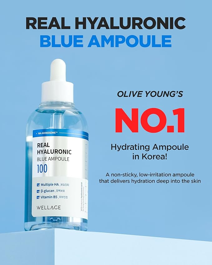 WELLAGE Real Hyaluronic Blue Ampoule 100, Value Review Korean Skincare, Fragrance Free Hyaluronic Acid Serum with Panthenol, Wild yam, Centella, Deep Hydration, Firming, Plumping, Non-Sticky 2 Pack