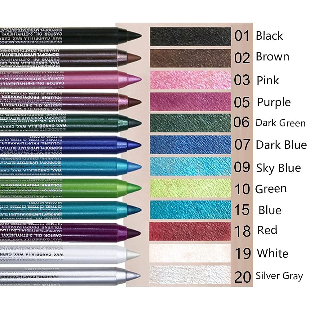 evpct 12Pcs Green Blue White Black Brown Purple Color Gel Glitter Eyeliner Pencils Set for Women Waterline Waterproof Smudge Proof lapiz de ojos delineador de ojos contra el agua Eye Liner Makeup 1
