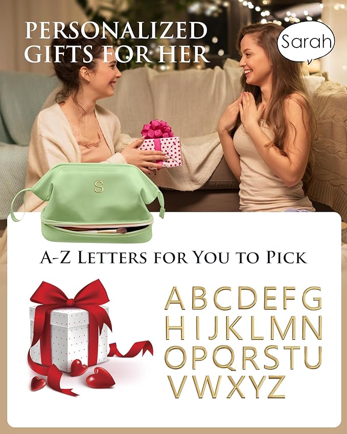 Gifts for Co Workers Female, Initial Large Makeup Bag, Bride To Be Gifts, Double Layer Cosmetic Bag, Waterproof PU Travel Toiletry Bag for Bachelorette Party Women Wedding Bridal, Bride Gifts