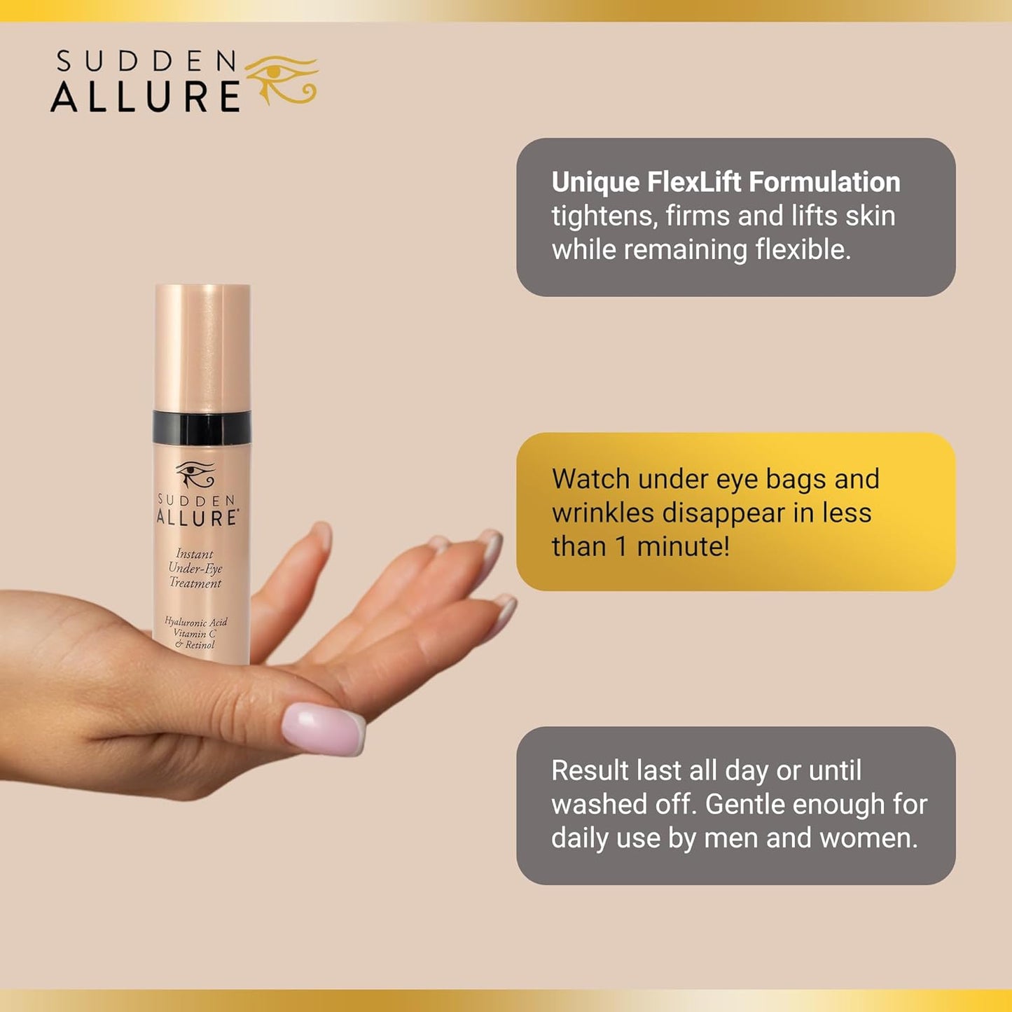 Sudden Allure Instant Under Eye Treatment Serum – Erase Under Eye Bags, Dark Circles, Wrinkles & Lift Sagging Eyes - Instantly Tighten & Firm - Reduce Eye Bags & Crows Feet | Made in USA (10 ml, 2pk)