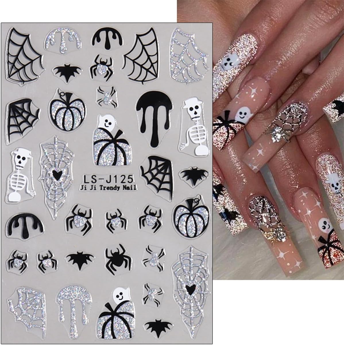 Halloween Nail Stickers Spider Nail Decals Ghost Nail Art Stickers Glitter Spider Web Bat Black Silver Design Bat French Tips Self Adhesive Nail Sticker for Nail Art Manicure Accessories 6Sheets