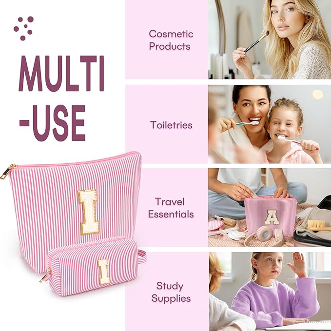 2 PCS Initial Makeup Bags for Women: Cosmetic Bag for Travel Toiletry - Birthday Gifts for 11 12 13 14 15 16 17 18 Years Old Girl Graduation Teacher Gift- Teen Girl Gifts Trendy Stuff - Pink I