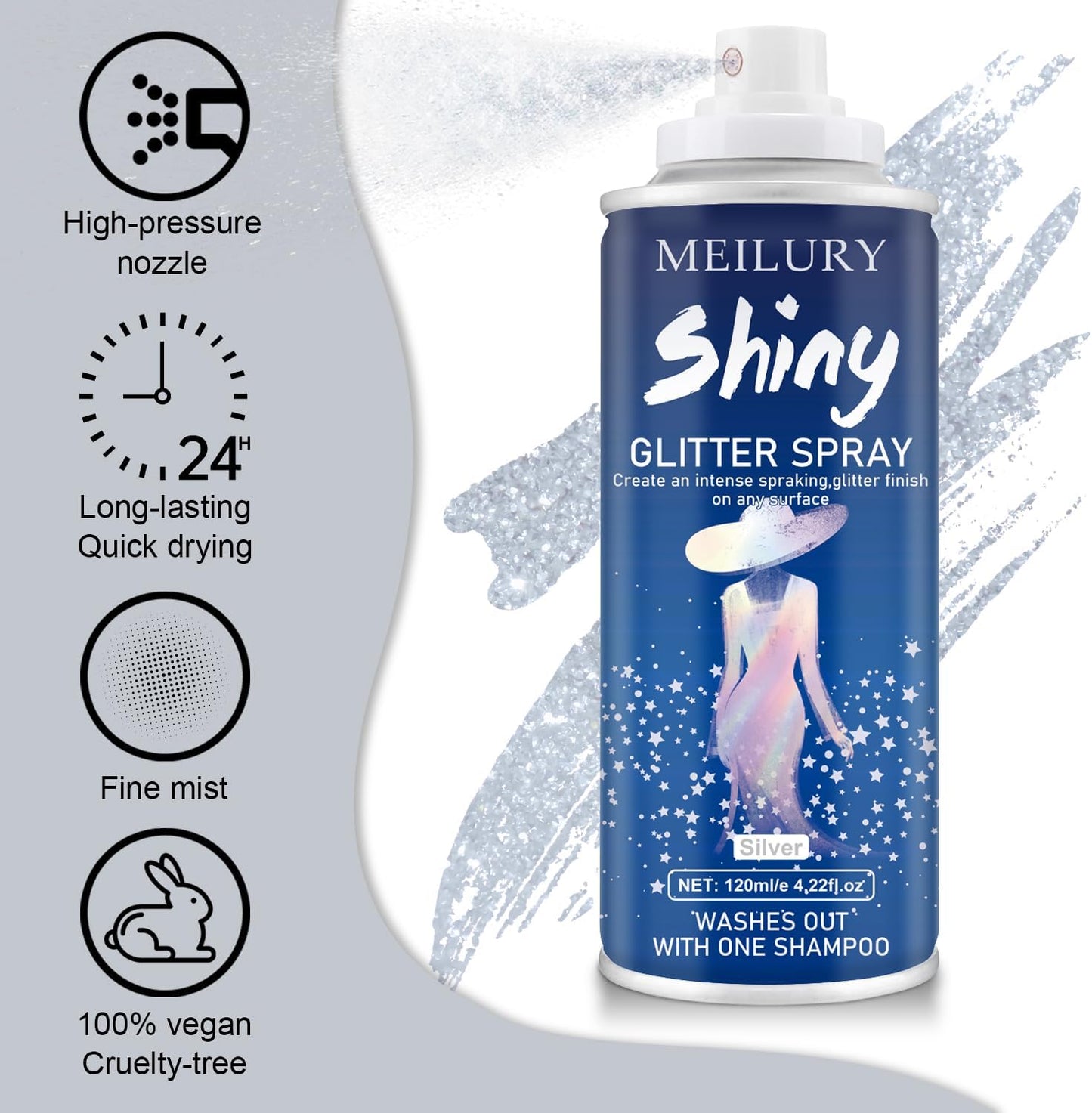 Hair and Body Glitter Spray, Holographic Glitter Highlighter Powder, Hairspray for Clothes, Face Body Shiny Glitter, Loose Shimmer Hairspray Festival Rave Prom Accessories, 4.22 Fl Oz (Silver)