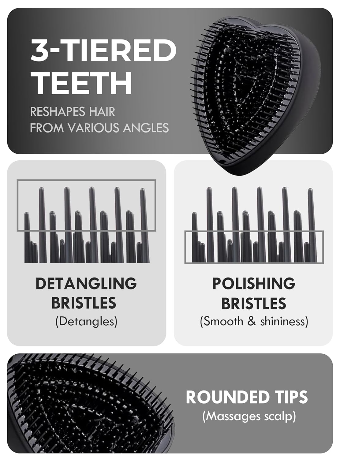 ReFa Heart Brush MATTE BLACK | Heart Shaped Hair Brush for Women | No Tangle Hair Brush | Small Hair Brush for Thick Hair | Hair Detangler Hair Brush Travel Hair Brush