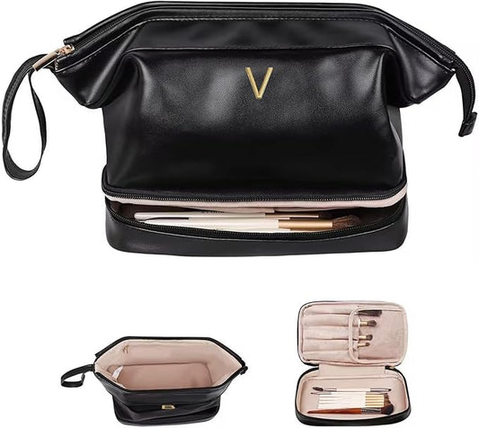 Bridesmaid Gifts for Women, Initial Makeup Bag, Personalized Double Layer Cosmetic Bag with Makeup Brush Organizer, Large Capacity PU Leather Travel Toiletry Bag, Personalized Teacher Gifts