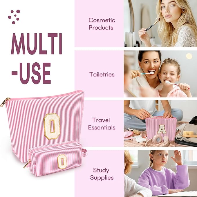 2 PCS Initial Makeup Bags for Women: Cosmetic Bag for Travel Toiletry - Birthday Gifts for 11 12 13 14 15 16 17 18 Years Old Girl Graduation Teacher Gift- Teen Girl Gifts Trendy Stuff - Pink O